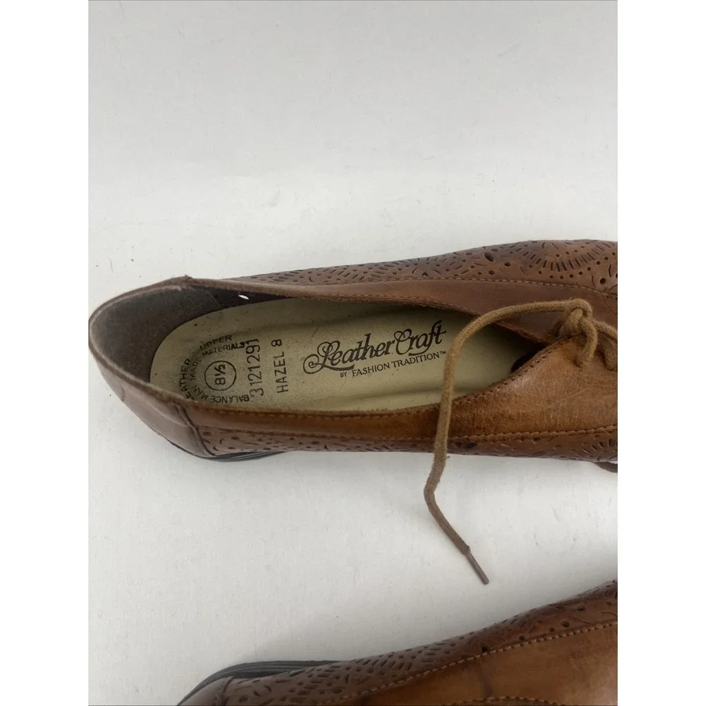 Vtg Leather Craft By Fashion Tradition Tan Cut Out Leather Shoes Sz 8.5 Womens